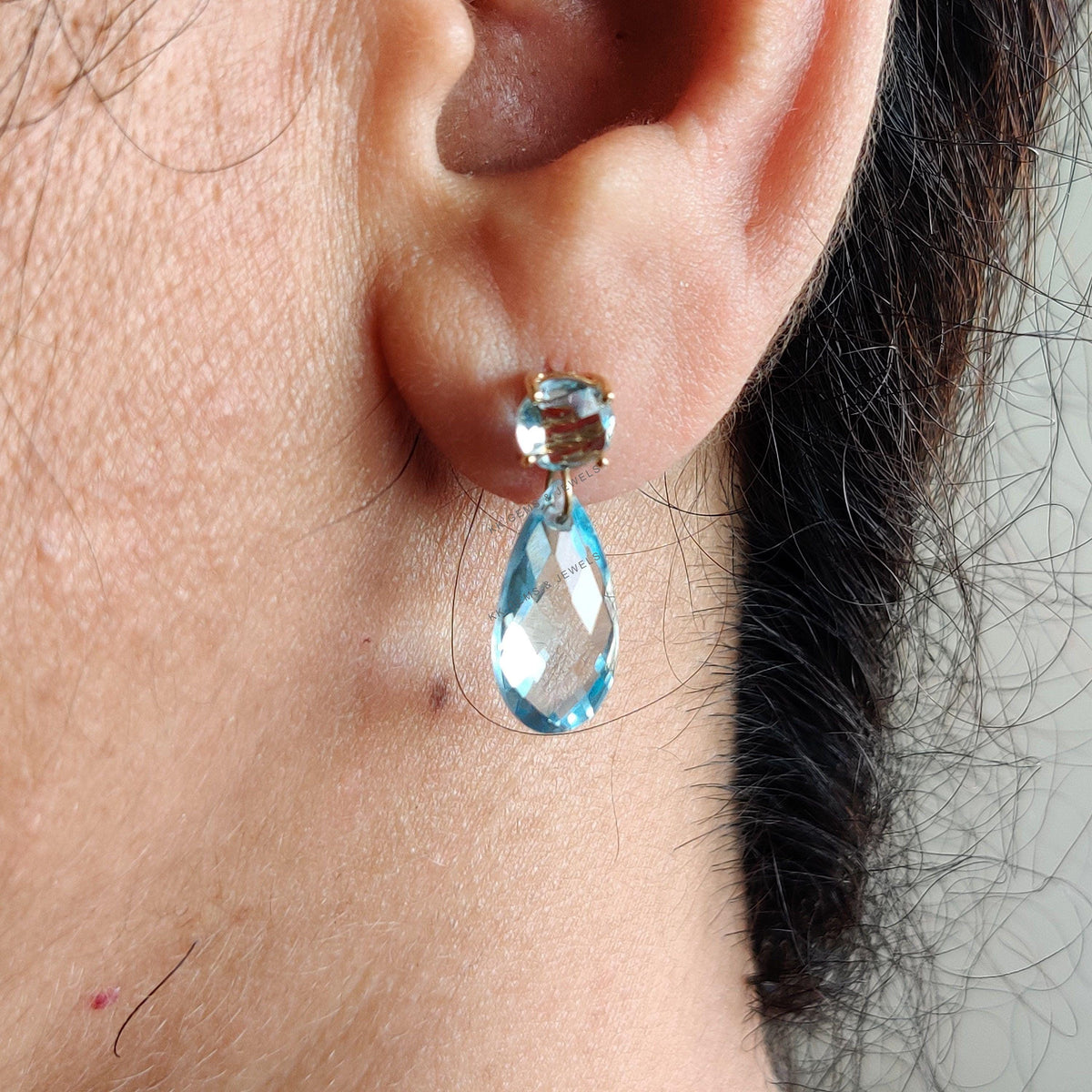 14K Solid Yellow Gold Natural Sky Blue Topaz Drop Earrings, December Birthstone