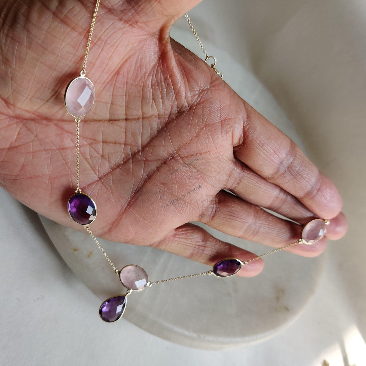 Natural Purple Amethyst & Rose Quartz 14K Solid Yellow Gold Chain Necklace