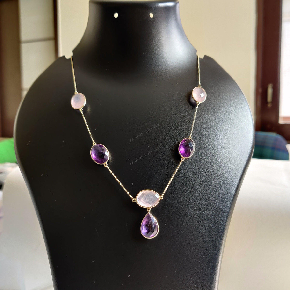 Natural Purple Amethyst & Rose Quartz 14K Solid Yellow Gold Chain Necklace