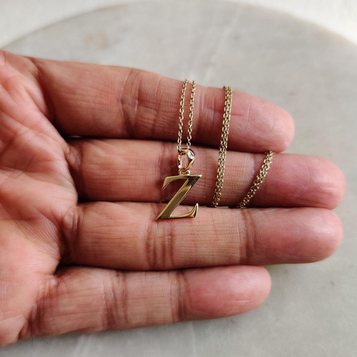 14K Solid Yellow Gold Initial Z Pendant, Alphabet Charm