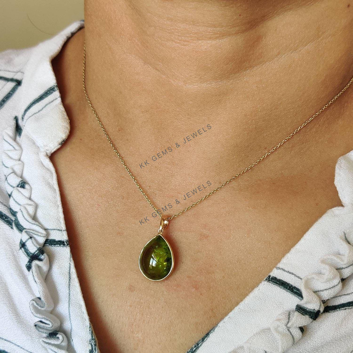14K Solid Yellow Gold Natural Peridot Pear Pendant, August Birthstone