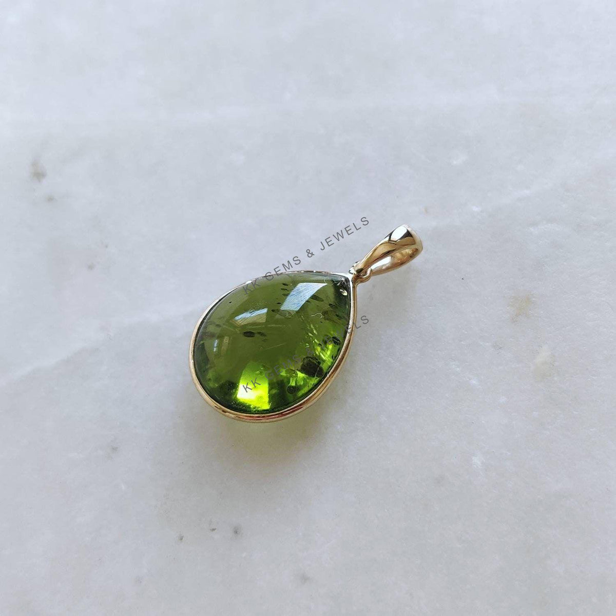 14K Solid Yellow Gold Natural Peridot Pear Pendant, August Birthstone