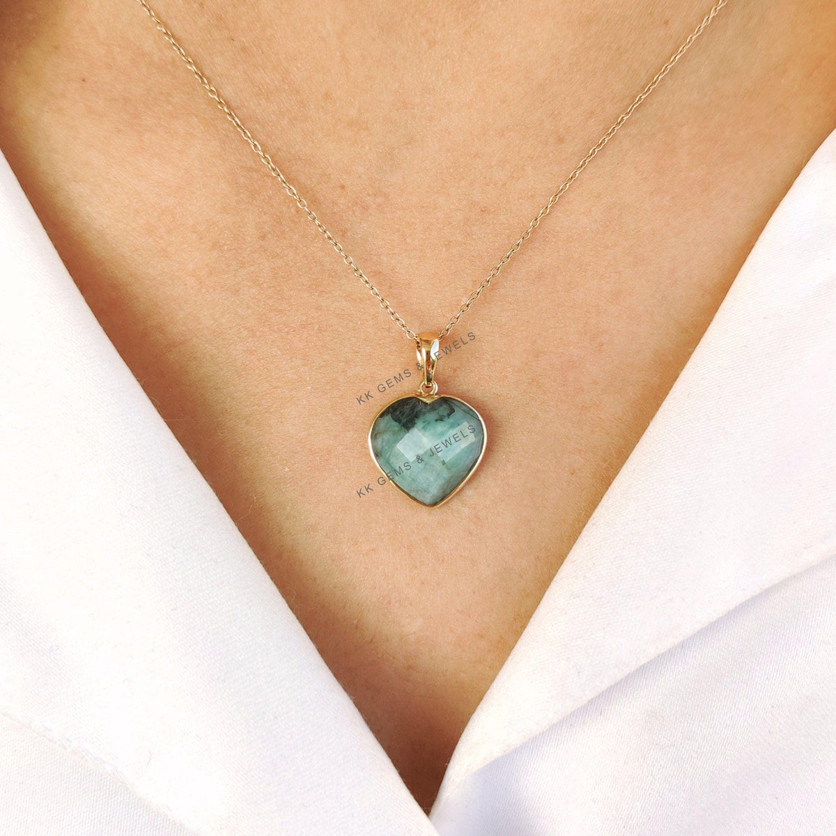 14K Solid Yellow Gold Natural Emerald Heart Pendant, May Birthstone