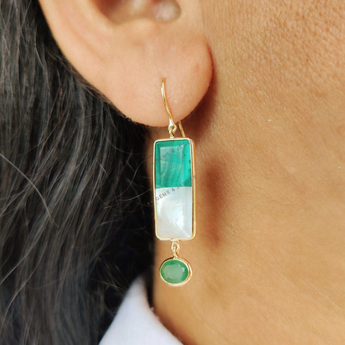 14K Solid Gold Natural Malachite & Mother of Pearl Dangle Earrings, Ruby Emerald Accent