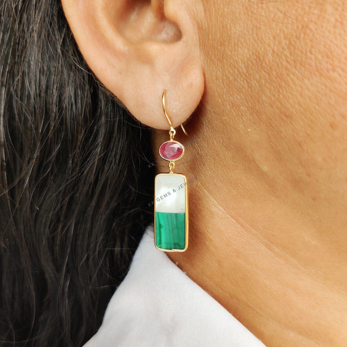 14K Solid Gold Natural Malachite & Mother of Pearl Dangle Earrings, Ruby Emerald Accent