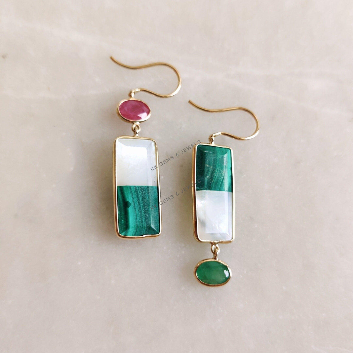 14K Solid Gold Natural Malachite & Mother of Pearl Dangle Earrings, Ruby Emerald Accent