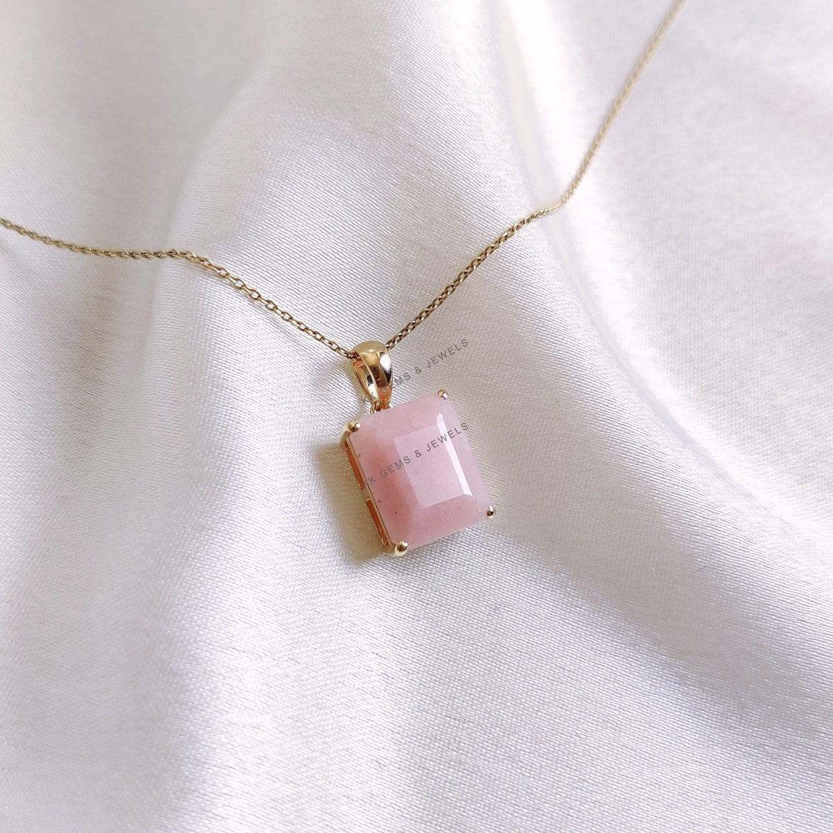 Emerald Cut Natural Pink Opal Pendant, 14K Solid Yellow Gold October Birthstone