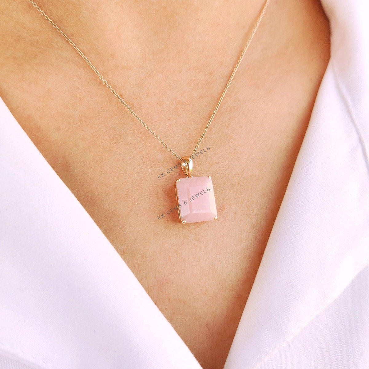 Emerald Cut Natural Pink Opal Pendant, 14K Solid Yellow Gold October Birthstone