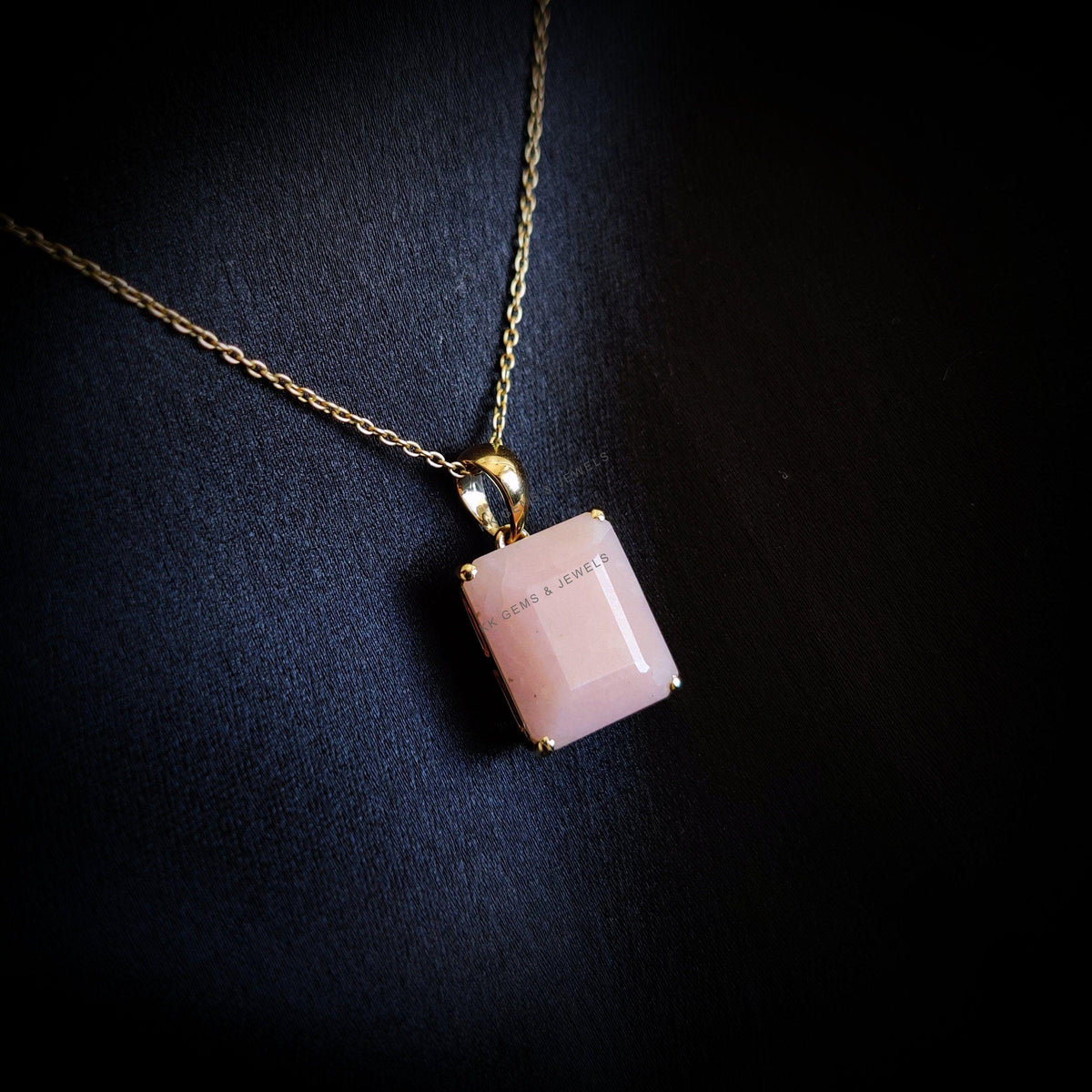 Emerald Cut Natural Pink Opal Pendant, 14K Solid Yellow Gold October Birthstone