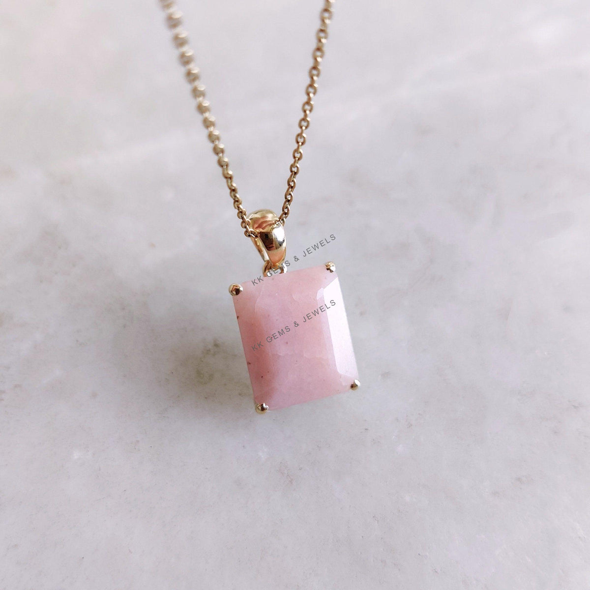 Emerald Cut Natural Pink Opal Pendant, 14K Solid Yellow Gold October Birthstone