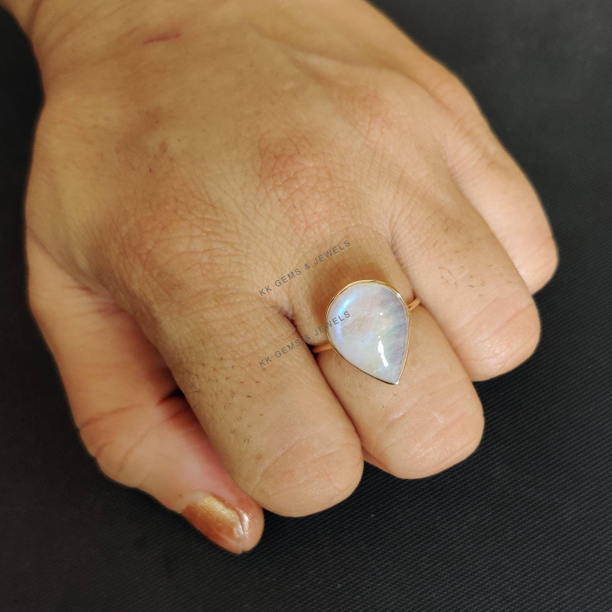 Pear Natural Rainbow Moonstone Ring, 14K Solid Yellow Gold Ring, June Birthstone