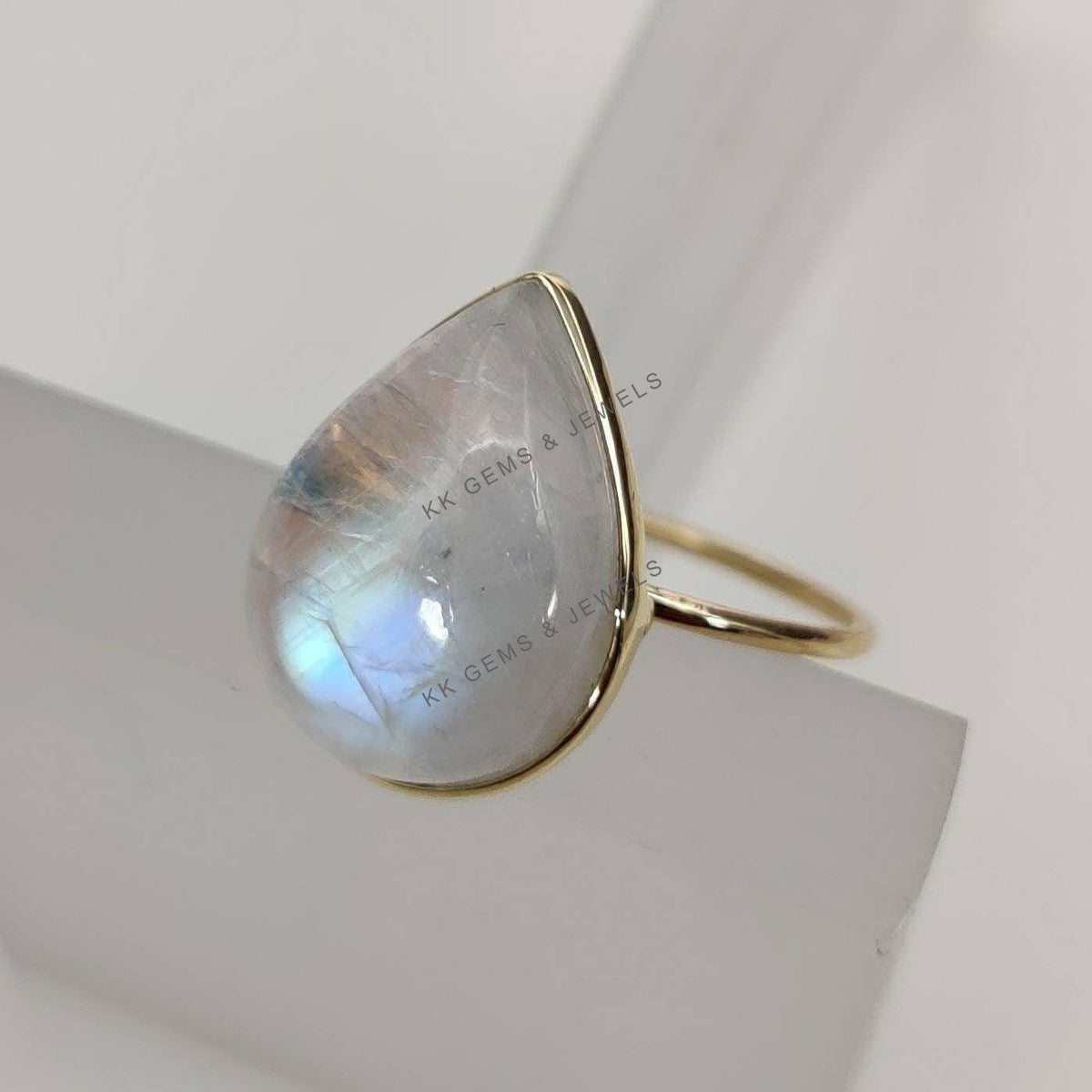 Pear Natural Rainbow Moonstone Ring, 14K Solid Yellow Gold Ring, June Birthstone