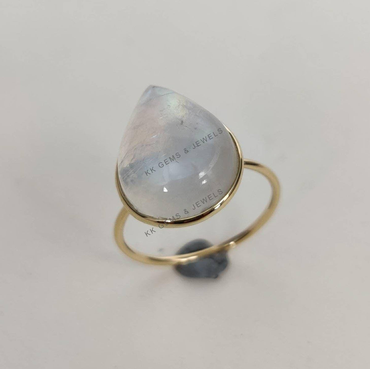 Pear Natural Rainbow Moonstone Ring, 14K Solid Yellow Gold Ring, June Birthstone