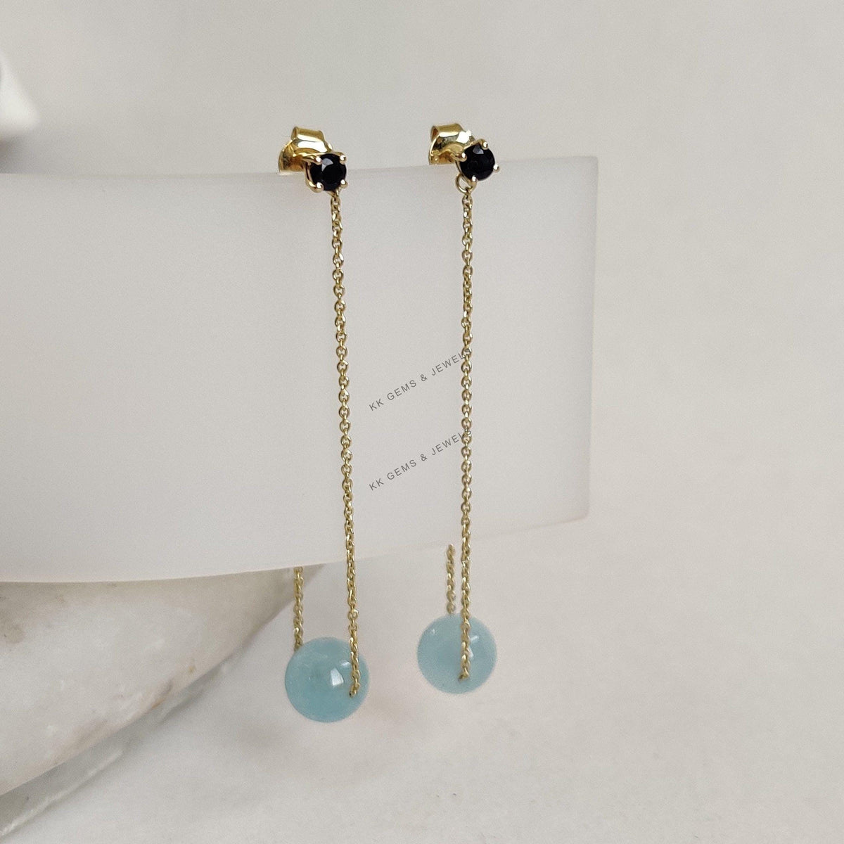 14K Solid Yellow Gold Natural Aquamarine & Blue Sapphire Chain Danglers , March Birthstone