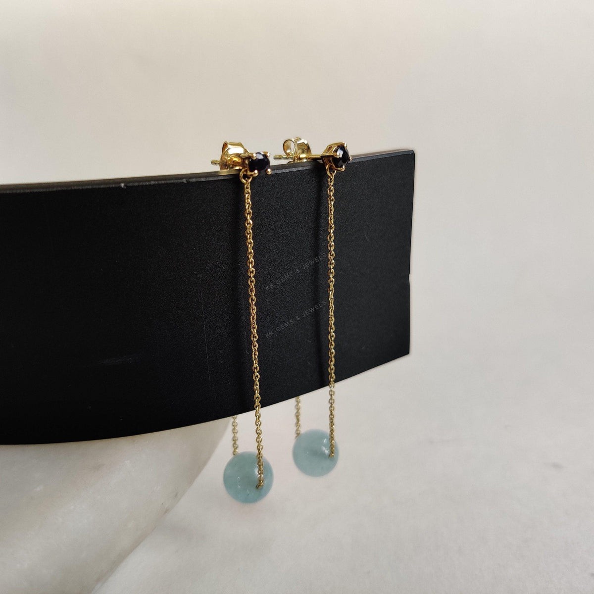 14K Solid Yellow Gold Natural Aquamarine & Blue Sapphire Chain Danglers , March Birthstone