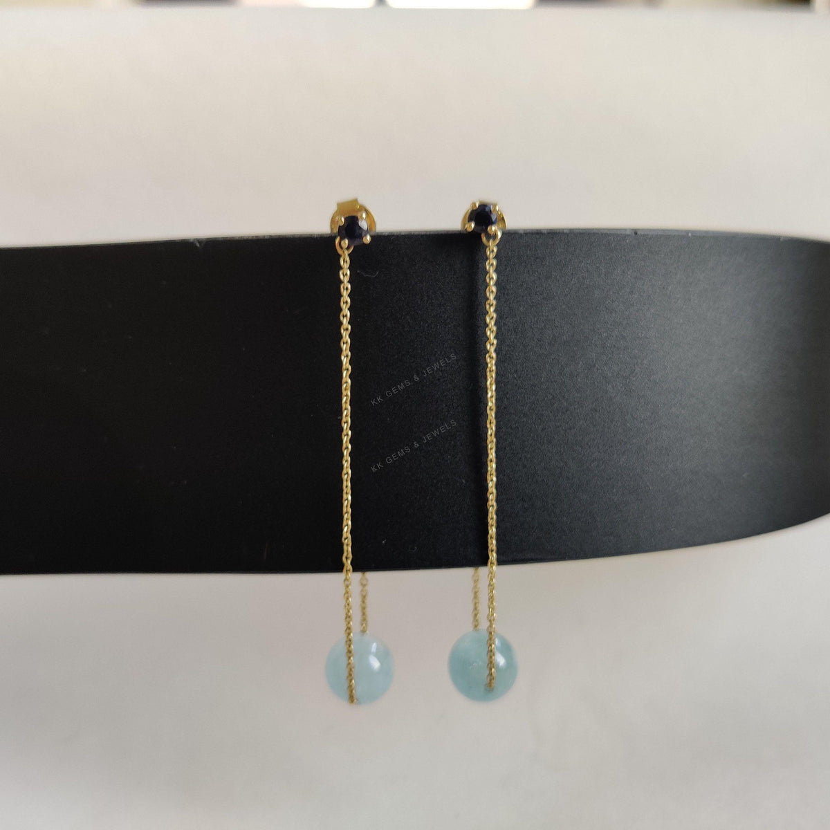 14K Solid Yellow Gold Natural Aquamarine & Blue Sapphire Chain Danglers , March Birthstone