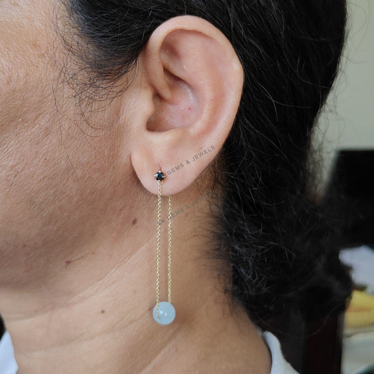 14K Solid Yellow Gold Natural Aquamarine & Blue Sapphire Chain Danglers , March Birthstone