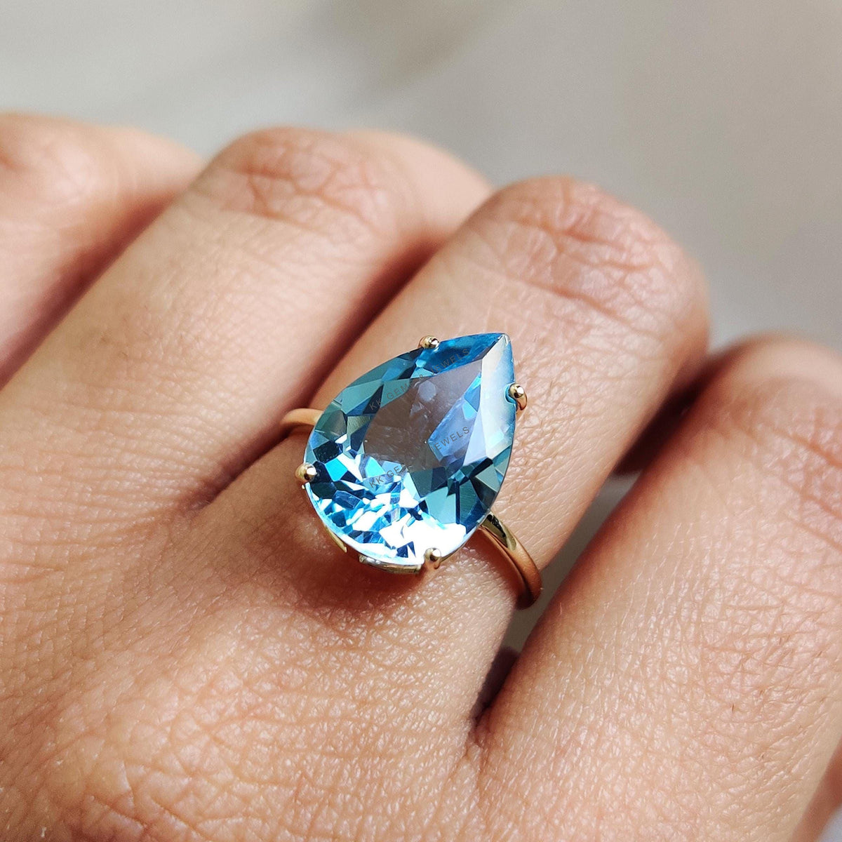 Pear Natural Sky Blue Topaz Ring: 14K Solid Yellow Gold, December Birthstone