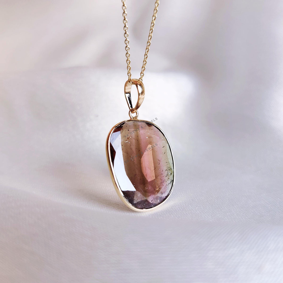 14K Solid Yellow Gold Natural Watermelon Tourmaline Pendant: October Birthstone