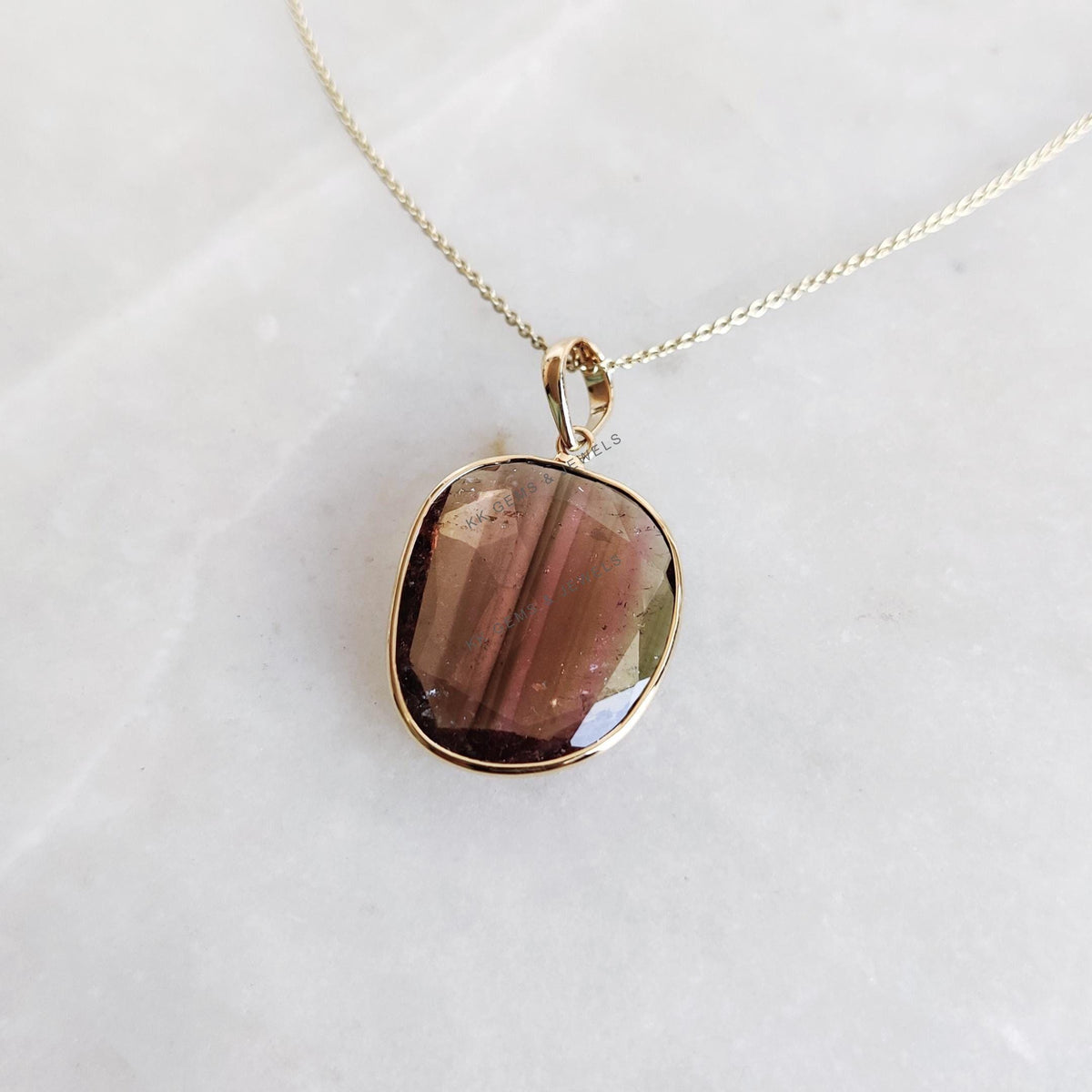 14K Solid Yellow Gold Natural Watermelon Tourmaline Pendant: October Birthstone