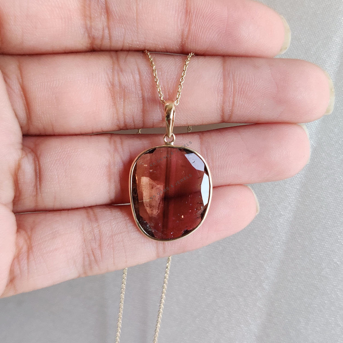 14K Solid Yellow Gold Natural Watermelon Tourmaline Pendant: October Birthstone