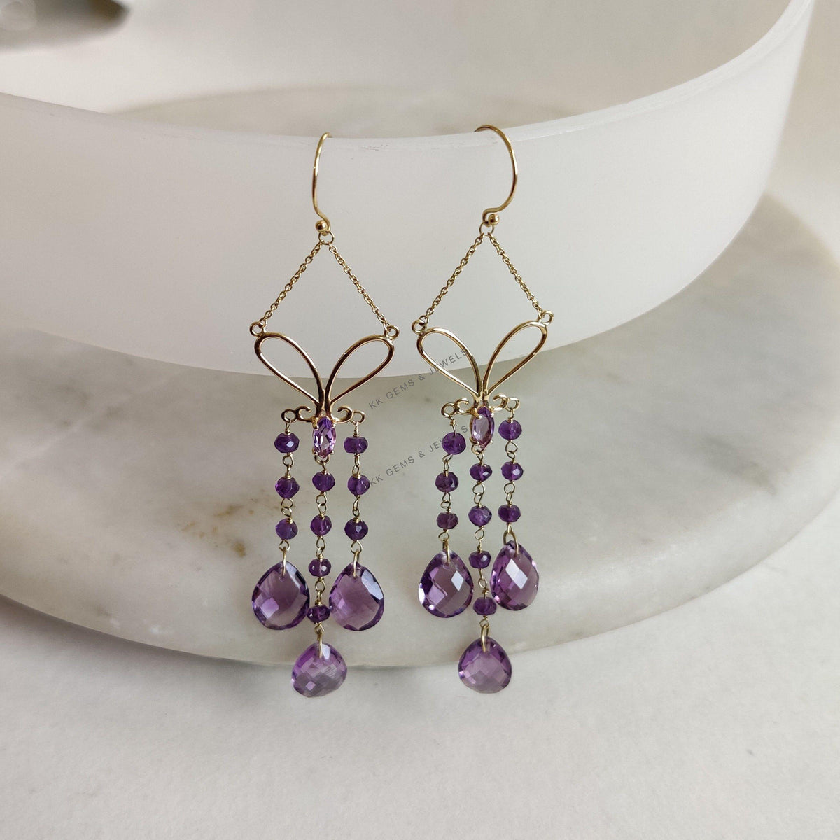 14K Solid Yellow Gold Natural Purple Amethyst Drop Earrings, February Birthstone