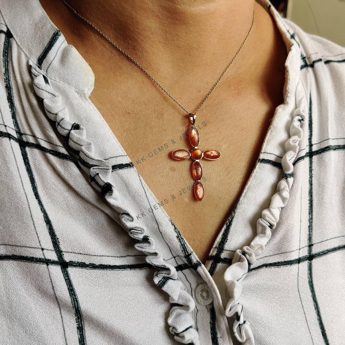 14K Solid Gold Natural Sunstone Cross Pendant, July August Birthstone Feldspar Crystal