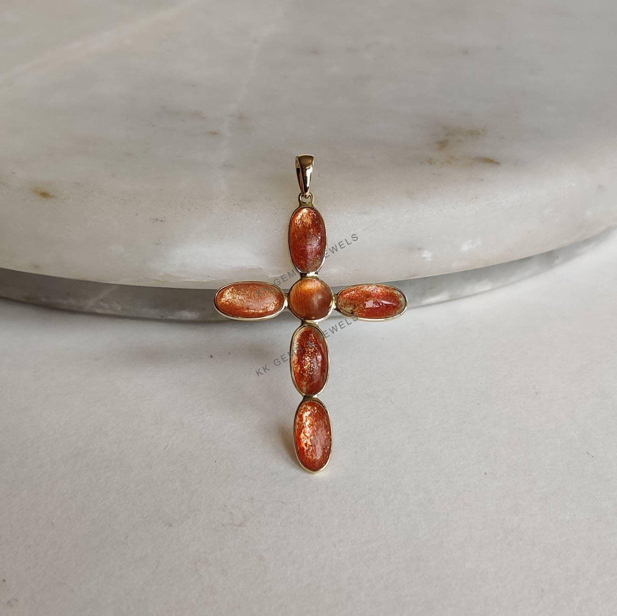 14K Solid Gold Natural Sunstone Cross Pendant, July August Birthstone Feldspar Crystal