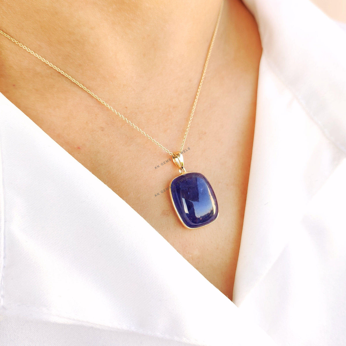 Natural Tanzanite 14K Solid Yellow Gold Rectangle Pendant, December Birthstone