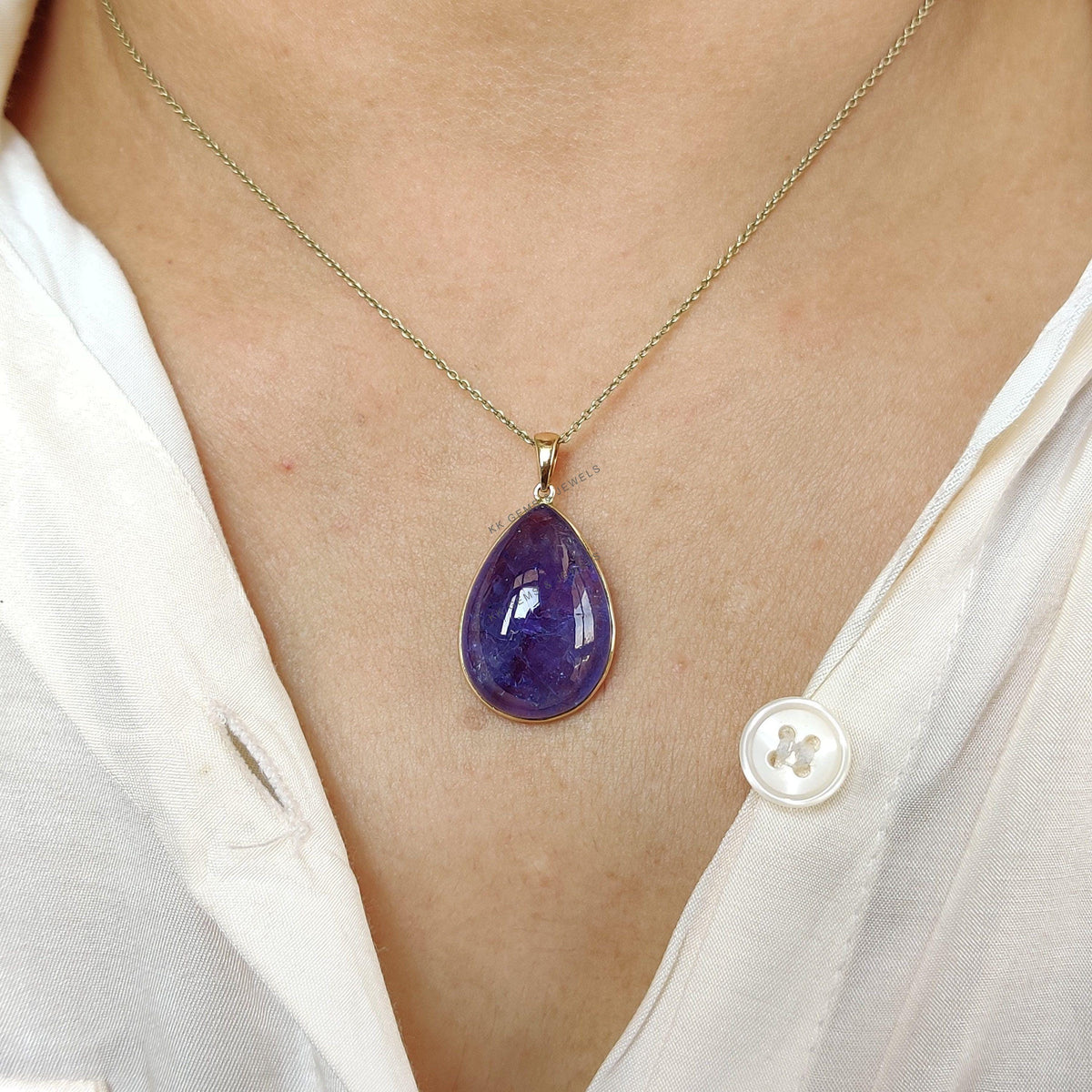 14K Solid Yellow Gold Natural Tanzanite Bezel Pendant, Pear Cabochon, December Birthstone