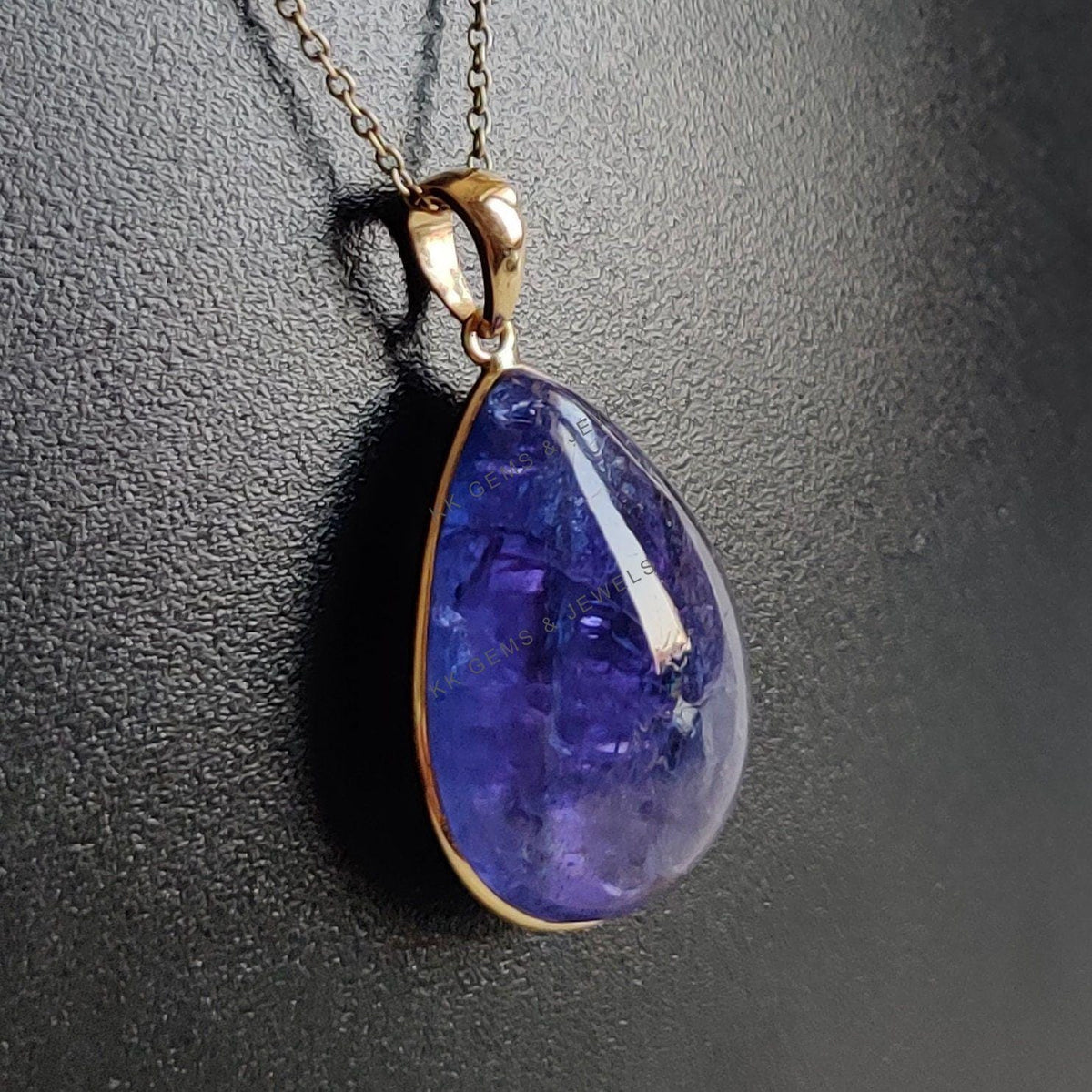 14K Solid Yellow Gold Natural Tanzanite Bezel Pendant, Pear Cabochon, December Birthstone