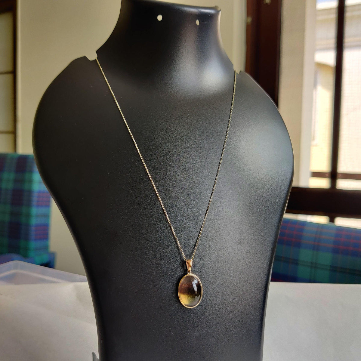 14K Solid Yellow Gold Natural Fluorite Pendant, Oval Cabochon Bezel Setting