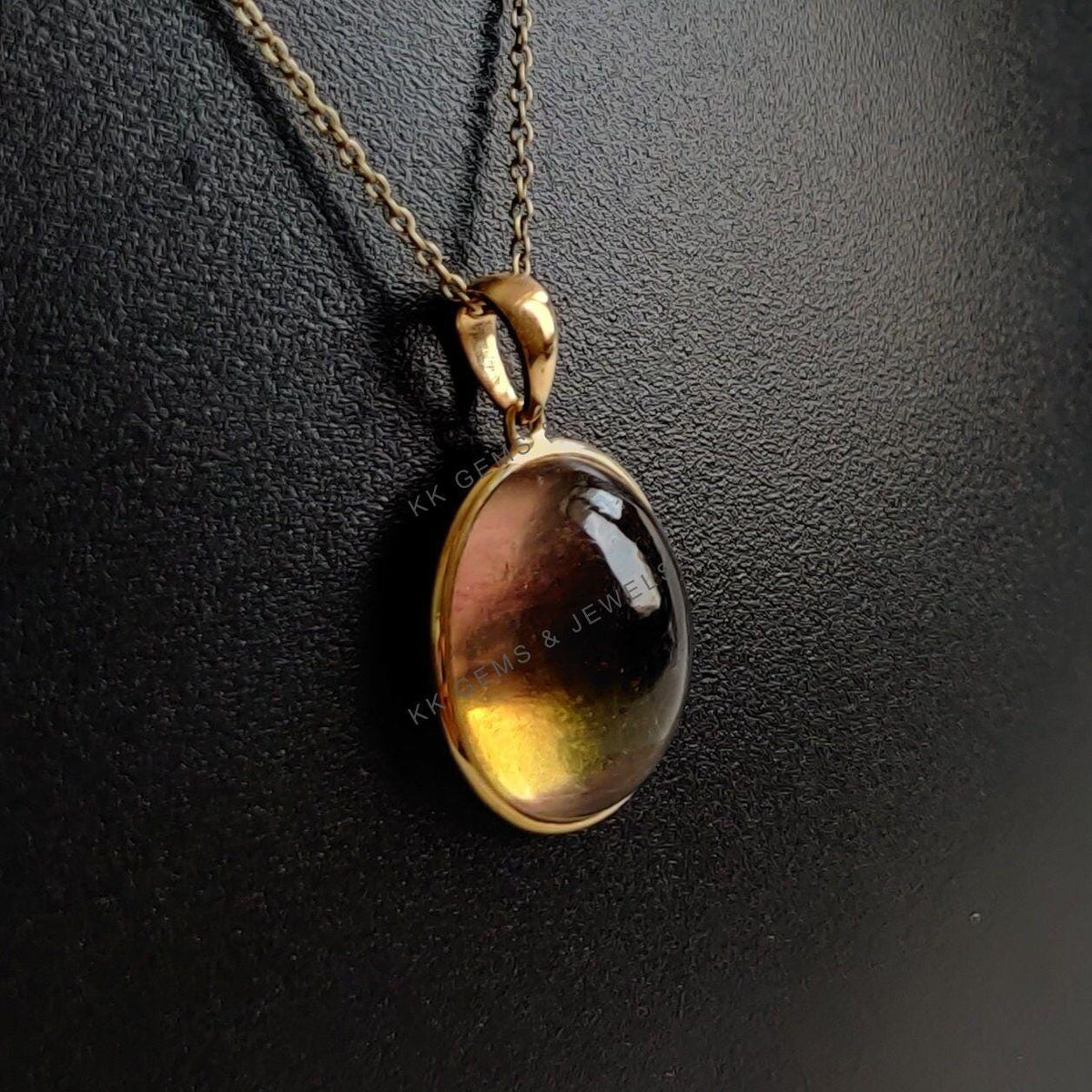 14K Solid Yellow Gold Natural Fluorite Pendant, Oval Cabochon Bezel Setting