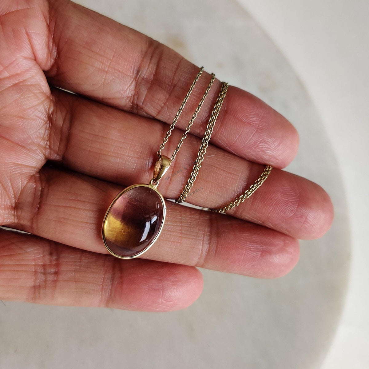 14K Solid Yellow Gold Natural Fluorite Pendant, Oval Cabochon Bezel Setting