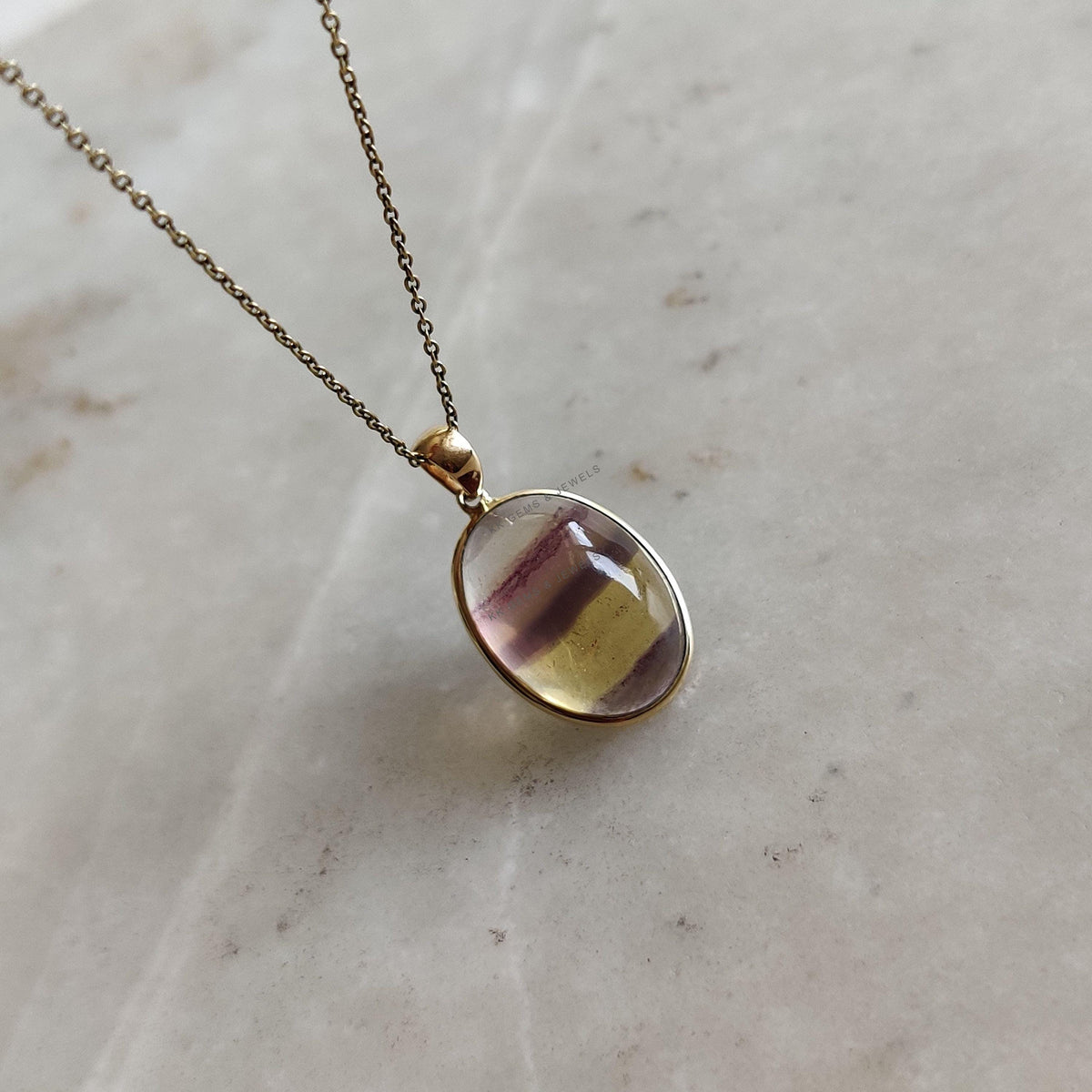 14K Solid Yellow Gold Natural Fluorite Pendant, Oval Cabochon Bezel Setting