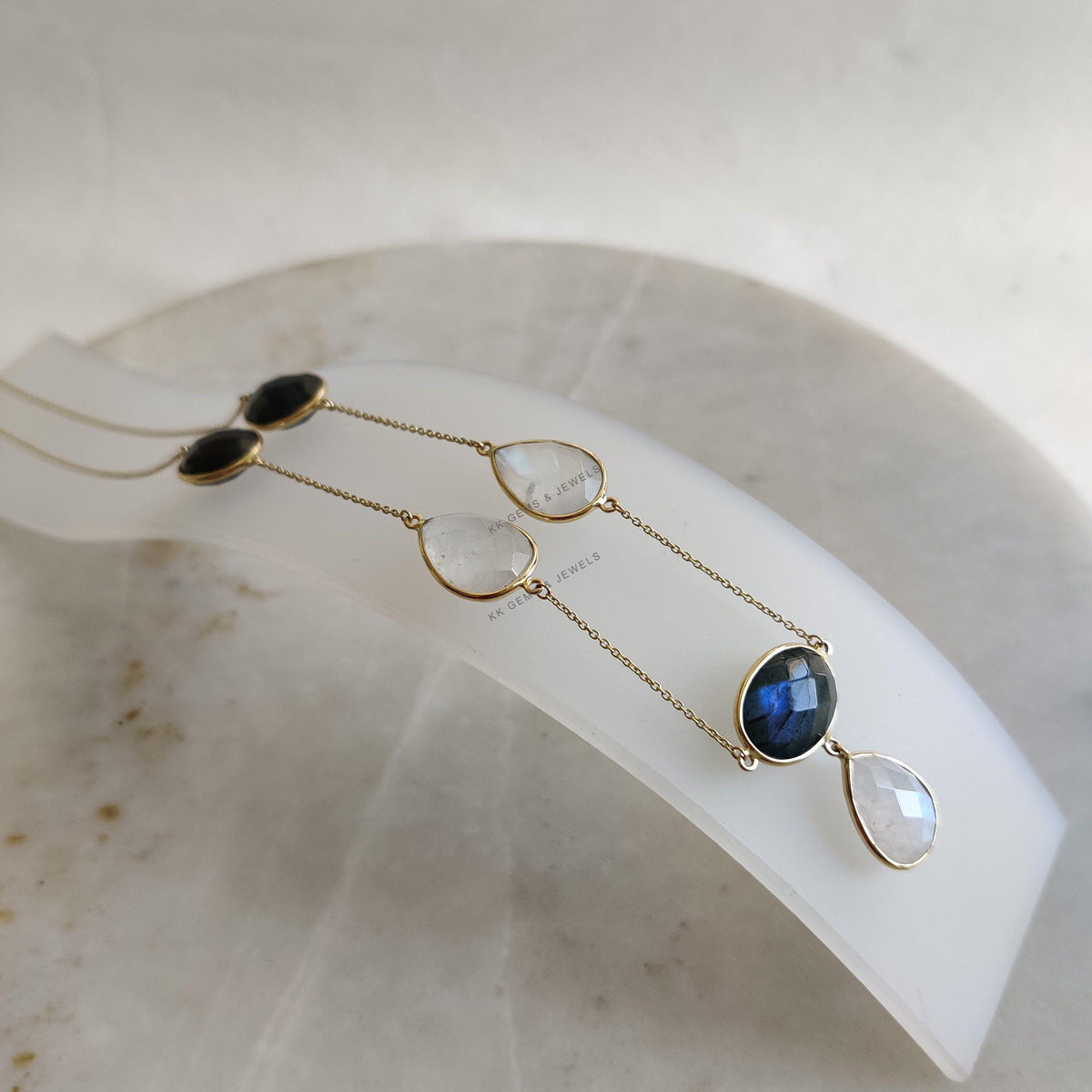 Natural Labradorite & Rainbow Moonstone 14K Solid Yellow Gold Chain Necklace, Birthstone Jewelry