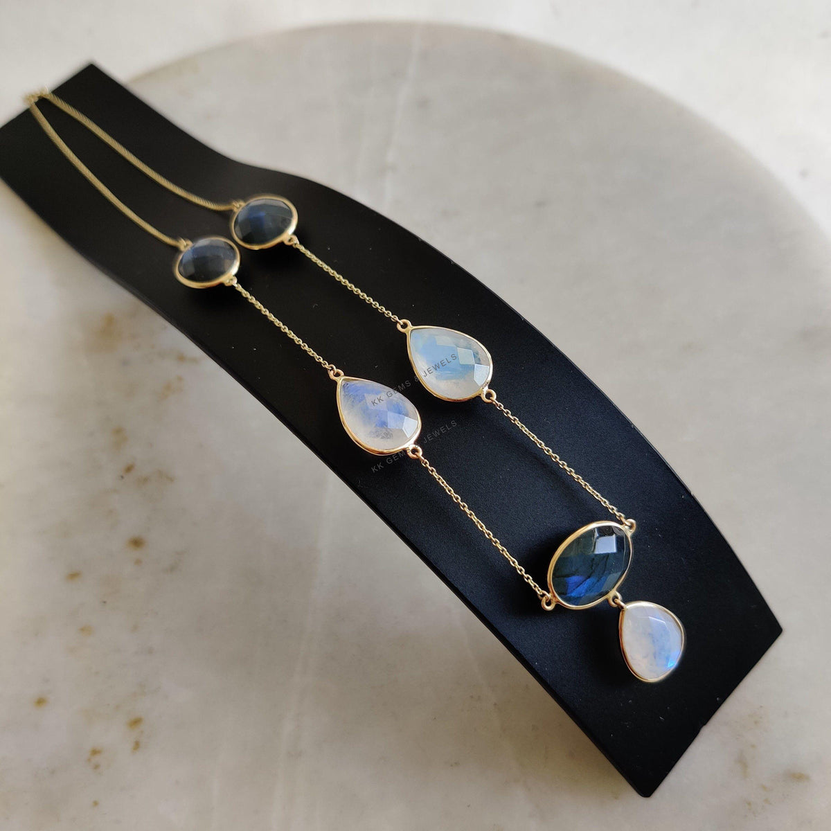 Natural Labradorite & Rainbow Moonstone 14K Solid Yellow Gold Chain Necklace, Birthstone Jewelry