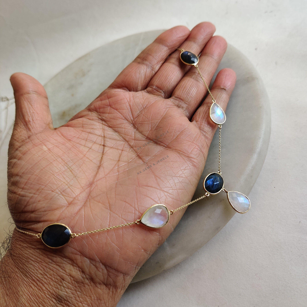 Natural Labradorite & Rainbow Moonstone 14K Solid Yellow Gold Chain Necklace, Birthstone Jewelry