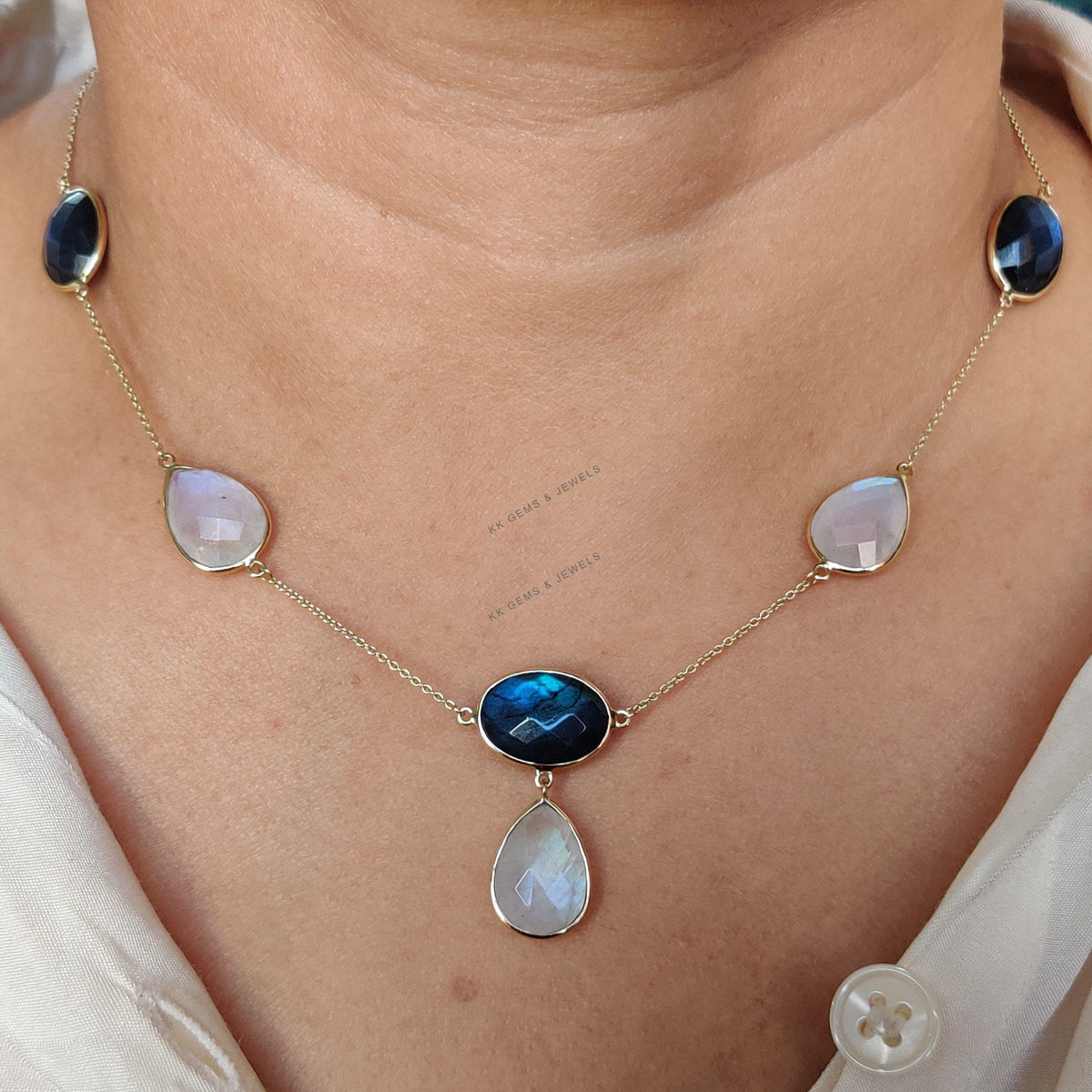 Natural Labradorite & Rainbow Moonstone 14K Solid Yellow Gold Chain Necklace, Birthstone Jewelry