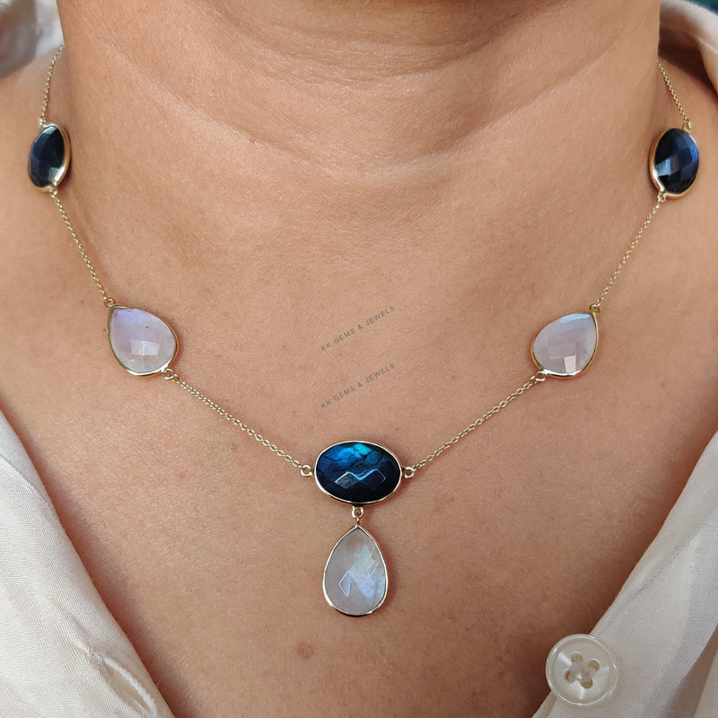 Natural Labradorite & Rainbow Moonstone 14K Solid Yellow Gold Chain Necklace, Birthstone Jewelry
