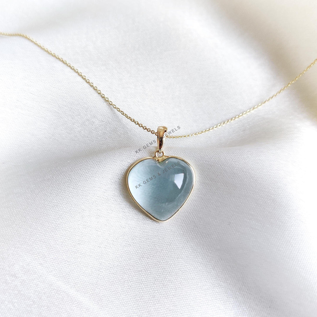 14K Solid Yellow Gold Natural Aquamarine Heart Pendant, March Birthstone, Valentine Jewelry