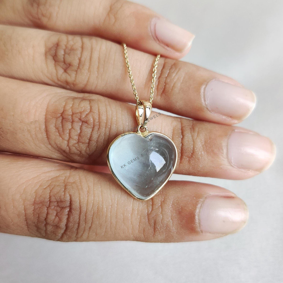 14K Solid Yellow Gold Natural Aquamarine Heart Pendant, March Birthstone, Valentine Jewelry