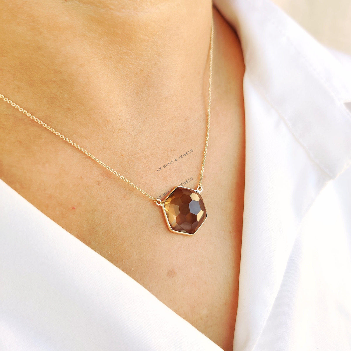 14K Solid Yellow Gold Natural Smoky Quartz Chain Necklace, June Birthstone