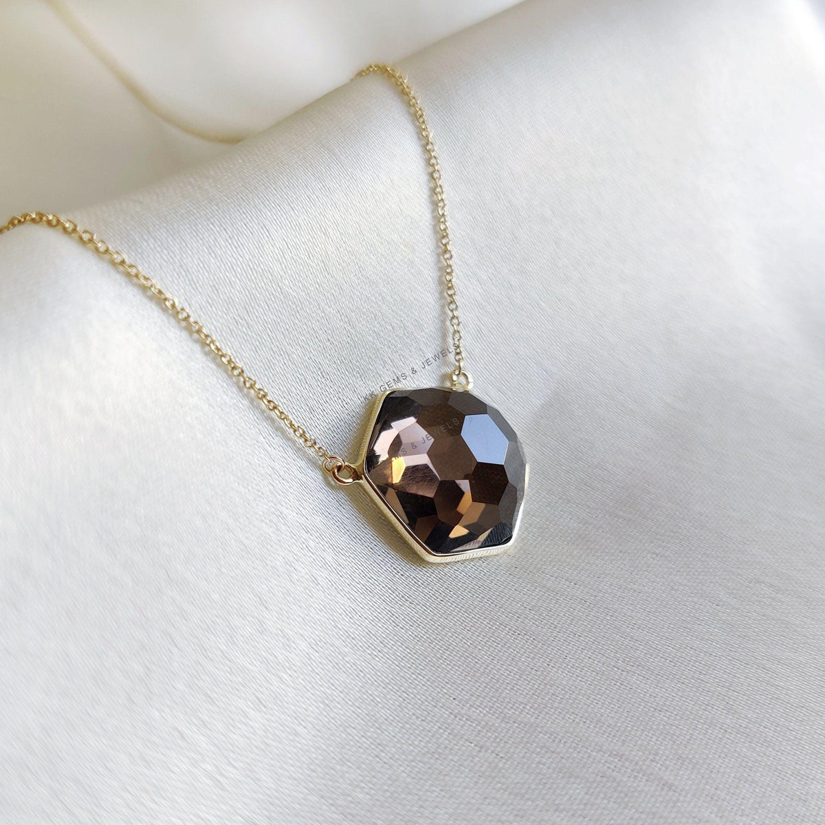 14K Solid Yellow Gold Natural Smoky Quartz Chain Necklace, June Birthstone
