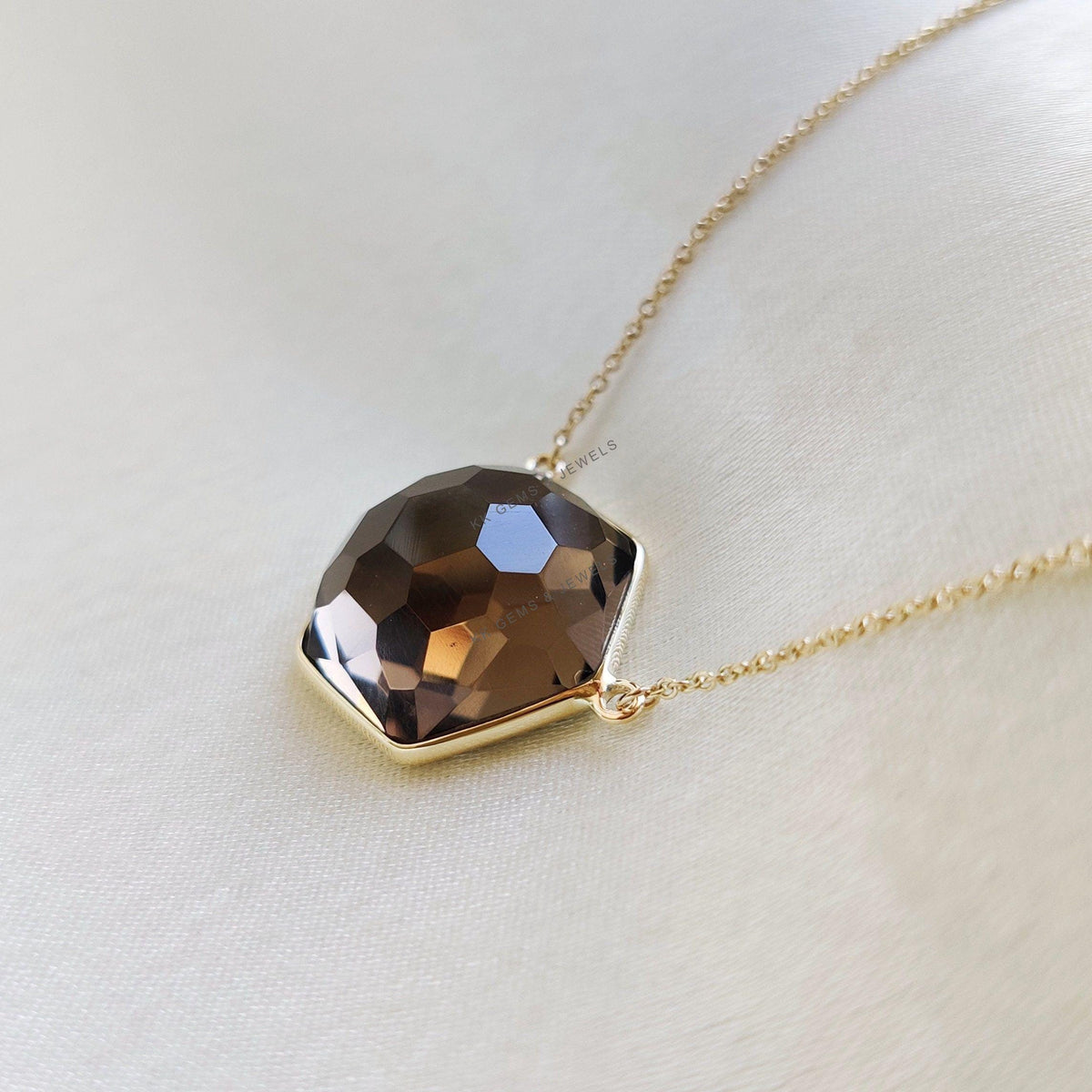 14K Solid Yellow Gold Natural Smoky Quartz Chain Necklace, June Birthstone