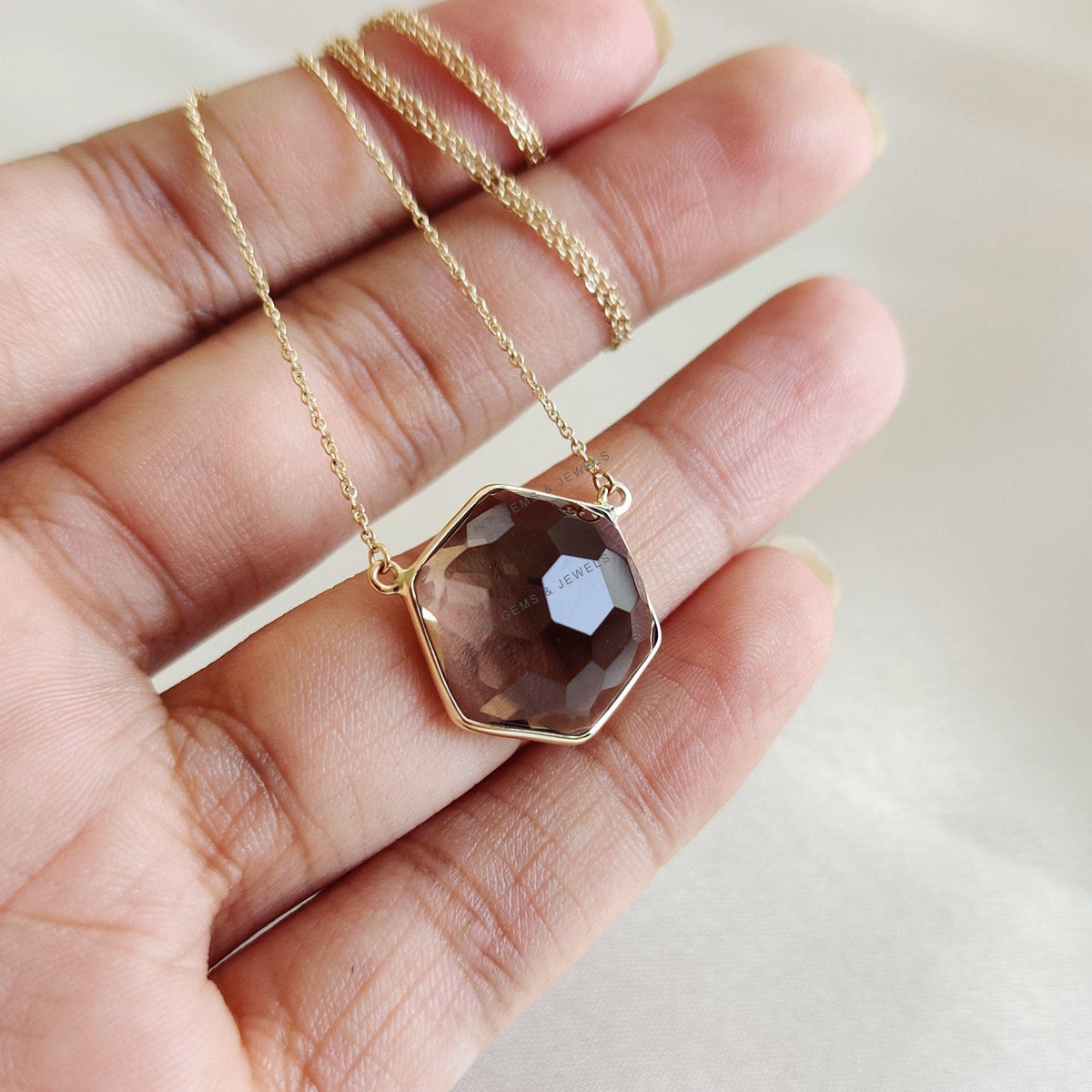 14K Solid Yellow Gold Natural Smoky Quartz Chain Necklace, June Birthstone