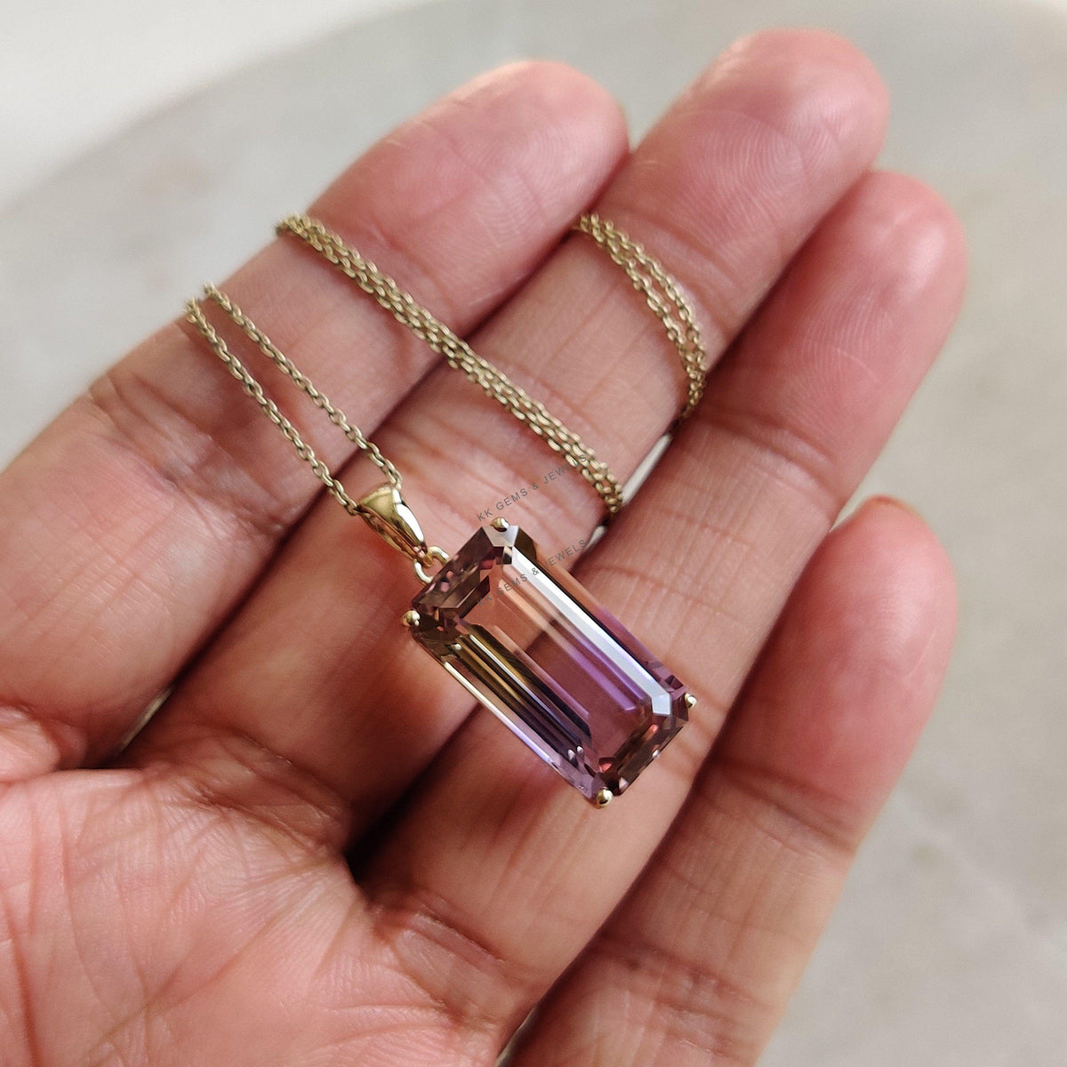 14K Solid Yellow Gold Natural Ametrine Octagon Pendant, February Birthstone