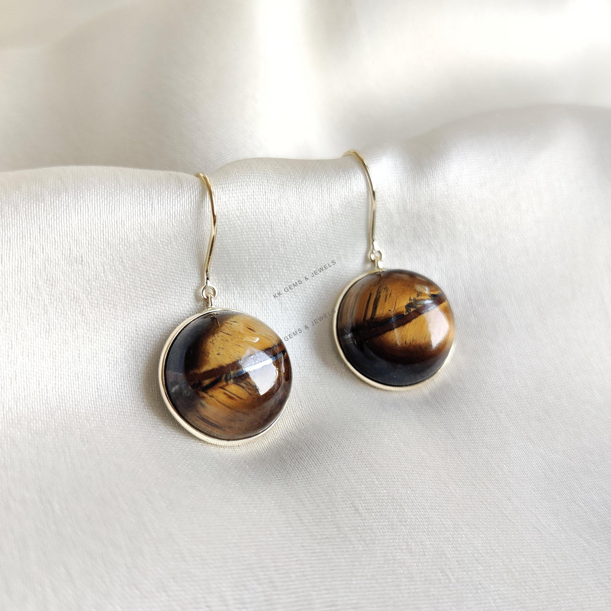 14K Solid Yellow Gold Natural Tiger Eye Round Earrings, June Birthstone