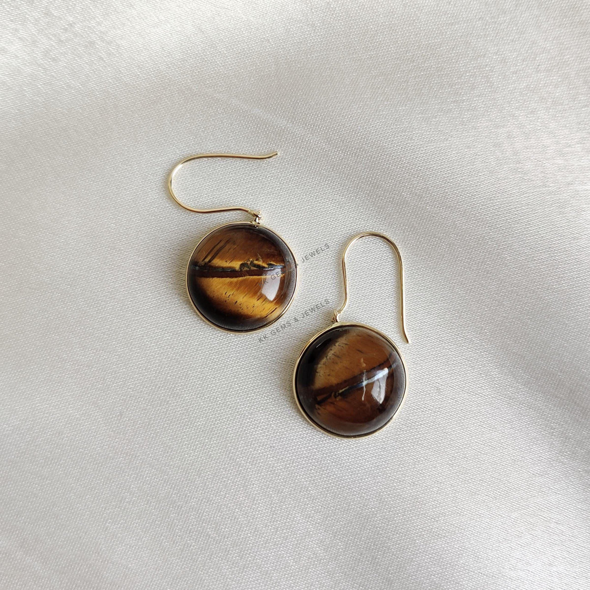 14K Solid Yellow Gold Natural Tiger Eye Round Earrings, June Birthstone