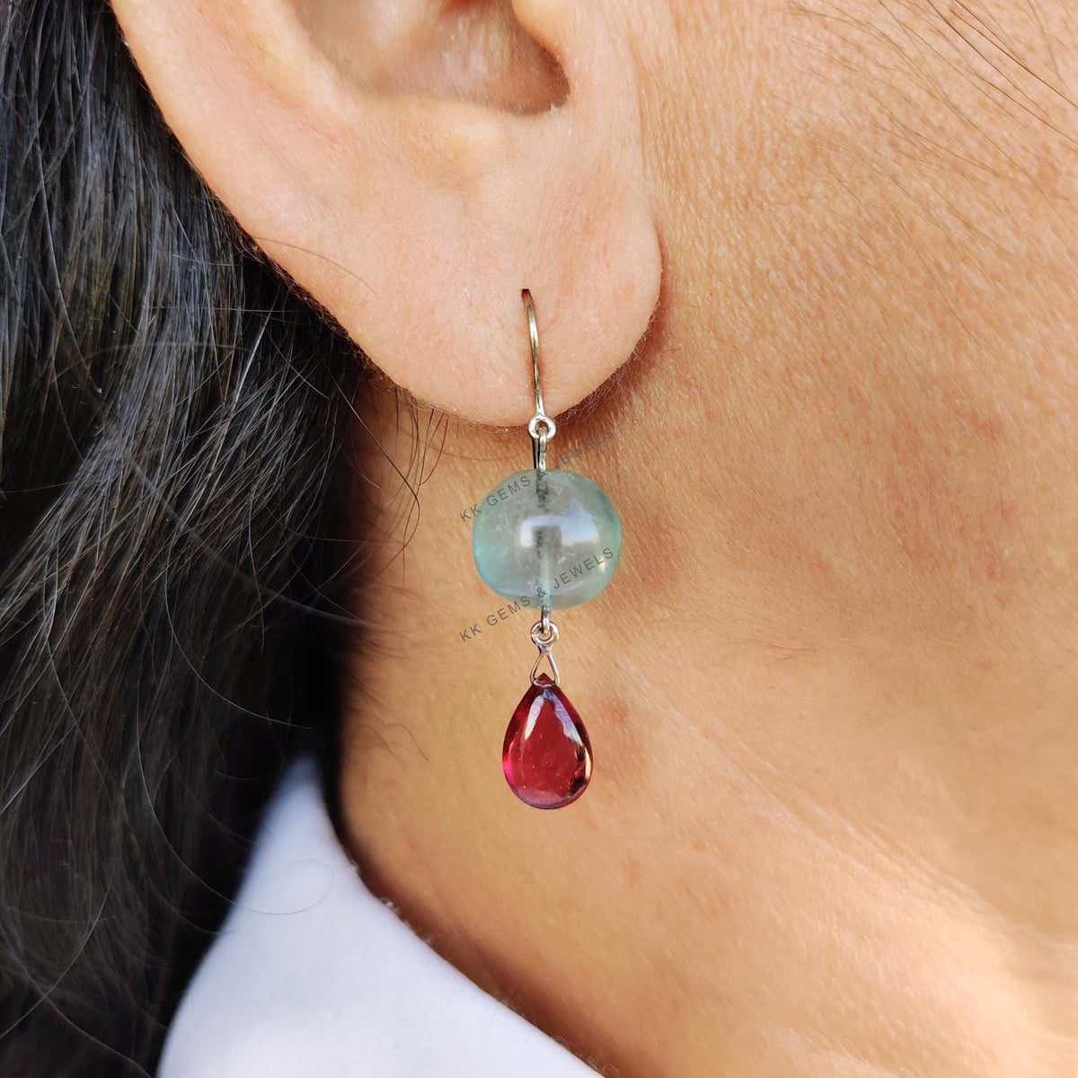 Natural Fluorite & Rhodolite Garnet Earrings: 14K Solid White Gold Drop Earrings